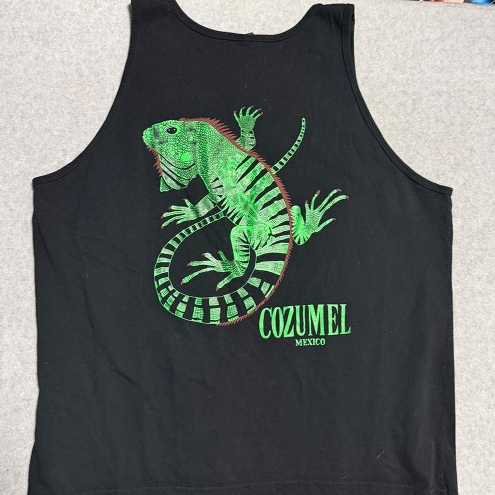 Cozumel Mexico black tank top Men's XXL with green lizard design